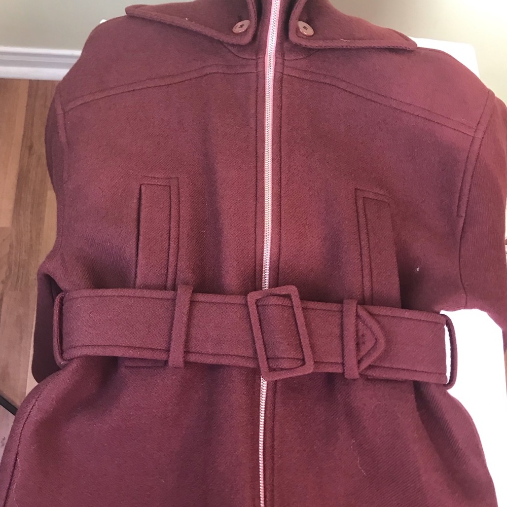 CARVEN France Oversized Wool Coat Jacket Belt Zip Front Hood Collar Pockets Rare - Picture 12 of 16